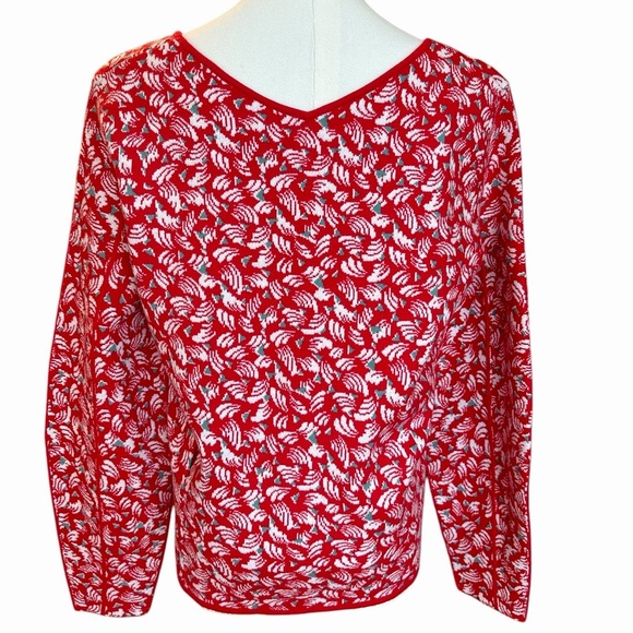 Anthropologie Red and White Leaf Pattern Sweater - Picture 3 of 8